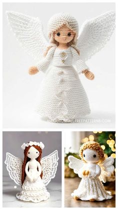 crocheted angel figurines are shown in three different pictures