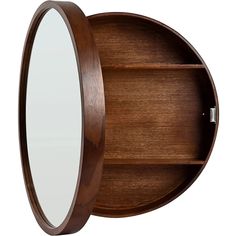 an oval wooden shelf with a mirror on it's front and side shelves in the middle