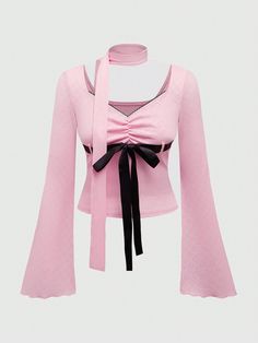 Vintage Tie Bow Ruched Flared Sleeve Women T-Shirt Pink Casual  Extra-Long Sleeve Knitted Fabric Colorblock  Medium Stretch  Women Clothing, size features are:Bust: ,Length: ,Sleeve Length: Cute Pink Tops, Pink Tops For Women, Pink Shirts, Extra Long Sleeves, J Fashion, Pink Outfits, Sleeves (women), Inspiration Mode, Kids Sleepwear