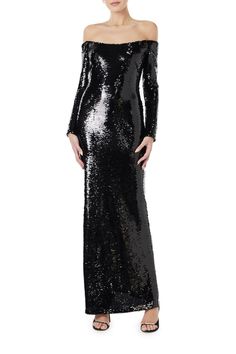 Long sleeve, off the shoulder sequin column gown with back slit. Noir Sequin Gown Hidden center-back zipper Made in the USAMonique Lhuillier Fall 2023 Ready to Wear Collection Black Sequin Gown, Fall 2023 Ready To Wear, 2025 Fashion, 2023 Ready To Wear, Column Gown, Big Night, Sequin Gown, Floor Length Gown, Dress Designer