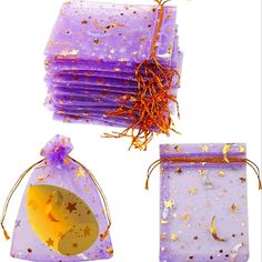 purple bags with gold stars and moon designs