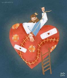 a painting of a man on top of a heart