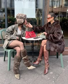 Mid Size Boots Outfit, Fur Set Outfit, Long Dress With Fur Coat, New York Fall Street Style, Fur Gloves Outfit, Long Coat And Skirt Outfit, Nyc Winter Club Outfits, Fur Heel Boots Outfit, Faux Fur Leg Warmers Outfit