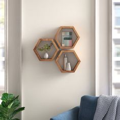 three wooden hexagonal shelves on the wall above a blue chair and potted plant