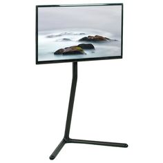 a black metal stand with a large screen on it