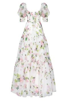 Feminine off-the-shoulder maxi dress with a flowing tiered skirt and voluminous sheer sleeves. Features a delicate floral print. DETAILS Fabric: organza with a print Fabric Composition: 100% polyester Colors: apple blossom Skirt length from waist: 45.2 inches / 115 cm Dress weight: 1.32 lbs / 0.6 kg Long-sleeved Corset lacing closure Model is 177 cm / 88-63-90 cm, wearing size S SIZE & FIT INFORMATION Fits true to size. We recommend you get your regular size. Designed to be slightly fitted at th Evening Organza Maxi Dress With Floral Print, Spring Off-shoulder Voluminous Dress, Spring Voluminous Off-shoulder Dress, Elegant Floral Print Organza Maxi Dress, Elegant Organza Maxi Dress With Floral Print, Floor-length Organza Maxi Dress For Garden Parties, Bridgeton Wedding, Milla Dresses, Sheer Sleeve Dress