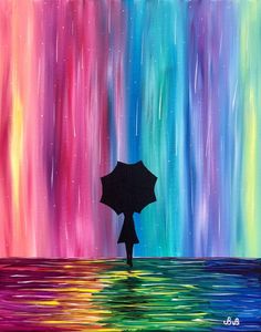 a painting of a person holding an umbrella in front of the aurora bore, which is brightly colored