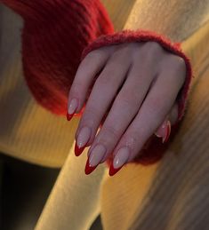 December Red Nails, Red French Tip Nails Almond, Nails For Red Dress, Red French Manicure, Nails December, Almond Nails Red, Red French, Winter Nails Acrylic