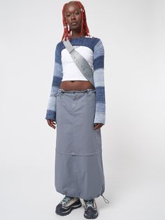 Shop our tech parachute maxi cargo skirt in blue with utility pockets and adjustable toggle hem and waist. Find y2k skirts, retro pants, shorts & more aesthetic 90s and 00s clothing at Minga London. Blue Shrug Outfit, Shrug Aesthetic, Crochet Shrug Outfit, Shrug Outfit Ideas, Y2k Shrug, Bolero Outfit, Shrug Outfit, Ruffled Long Skirt, Blue Shrug