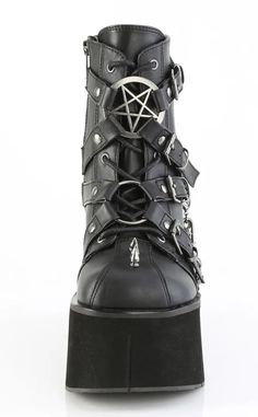 The Kera series features an impressive platform wedge across a range of styles to suit everyone who wants to tower over the competition. Vegan Black PU leather 4 1/2" Inch (114mm) Platform Lace-Up Front Ankle Boot Featuring Front Harness Strap w/ Pentagram & O-Ring Centers, Metal Spike Studs, Hanging Double Chain & Charm Details Inner Side Metal Zip Closure U.S women's sizing-refer to size chart for more info 10 Inch Heels, Demonia Boots, Platform Creepers, Thigh High Boots Flat, Pleaser Heels, Goth Boots, Demonia Shoes, Punk Clothing, Metal Spikes