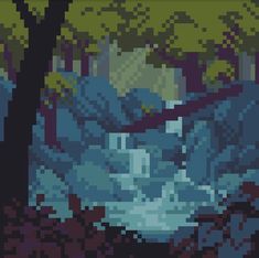 a pixelated image of trees and water in the woods