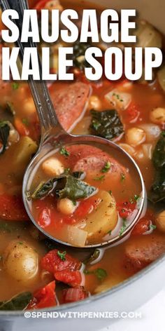 sausage and kale soup in a pot with a ladle full of the soup