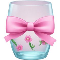 a pink bow is on the side of a glass cup with flowers painted on it