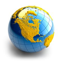 a blue and yellow earth globe on white background with clipping path to the right