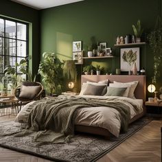 a bedroom with green walls and lots of plants