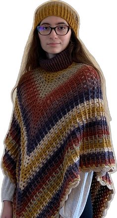 Cozy Multicolor Poncho For Winter, Hand-knitted Brown Poncho For Fall, Cozy Multicolor Hooded Poncho, Brown Poncho For Layering, One Size, Multicolor One-size Poncho For Outdoor, Ladies Poncho, Crochet Poncho, Winter Season, Ships