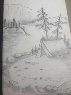 a pencil drawing of a tent in the woods with mountains and trees behind it, on a sheet of paper