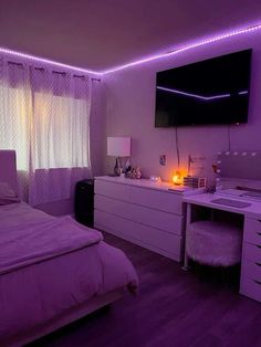 #homedecor #design #roomidea #roomdesign Bed In The Center Of The Room, Medium Size Room Ideas Bedrooms, Room Ideas With Carpet, Bed In The Middle Of The Room Ideas, Room Ideas With Vanity, Light Purple Room Aesthetic, Ways To Rearrange Your Bedroom, Room Ideas Aesthetic Small Rooms, Led Bedroom Aesthetic