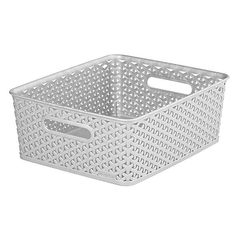 a plastic basket with holes on the sides and handles, in grey color scheme for storage