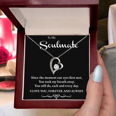 Give your Soulmate a gift that will make her heart melt! "To My Soulmate, Since the moment our eyes first met, you took my breath away. You still do, each and every day, Love, Forever and Always." This dazzling Forever Love Necklace features a polished heart pendant surrounding a flawless 6.5mm cubic zirconia, embellished with smaller crystals adding extra sparkle and shine. Comes with our Standard Box or upgrade to our beautiful Mahogany Style luxury lighted Gift box and make your present truly Engraved Necklace For Valentine's Day, To My Soulmate, Forever And Always, My Soulmate, Take My Breath, Love Forever, Heart Melting, Luxury Boxes, Forever Love