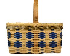 a blue and yellow basket with a wooden handle