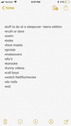 an iphone screen with the text, stuff to do at sleepover - teens edition