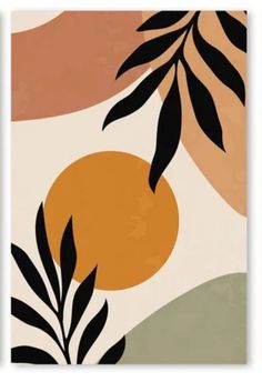 an abstract painting with oranges and green leaves on it's sides, against a white background