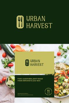 the urban harvest brochure is displayed on a table with vegetables and other items