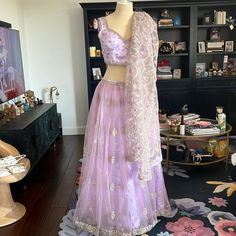 Brand New, Never Used, Beautiful Beading Throughout And Comes With A Storage Bag Fitted Lavender Lehenga With Intricate Embroidery, Lavender Embroidered Lehenga For Wedding, Fitted Embroidered Lavender Lehenga, Fitted Lavender Embroidered Lehenga, Fitted Lavender Elegant Lehenga, Elegant Fitted Lavender Lehenga, Fitted Lavender Lehenga For Wedding, Elegant Lavender Dupatta For Reception, Traditional Drape Lavender Choli For Wedding