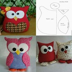 four different pictures of stuffed animals made out of fabric and paper, including an owl