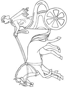 a drawing of a man riding on top of a horse with a large wheel in his hand