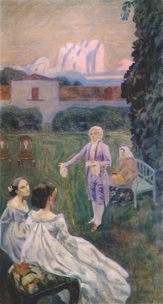 a painting of two women sitting on a bench in the grass, and one woman standing next to her