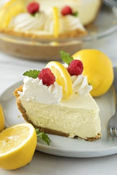 a lemon and raspberry cheesecake on a plate