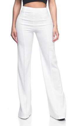 The 'Sariah' High Waist Pant is a solid full-length pant with a wide leg flare style. Look super chic when you get ready for any special occasion in these showstopping pants. Model:Small White Flare Pants, Flower Pants, High Waisted Dress Pants, White Flares, High Waist Fashion, Flare Leg Pants, Vintage Pants, White Pants, Waist Dress