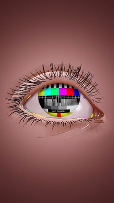 an eye with the tv test pattern reflected in it's irise, on a pink background