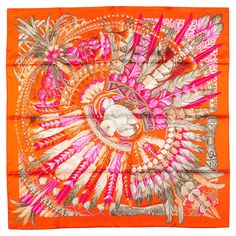 Hermès new Danse Pacifique silk scarf . Orange color way. Hand rolled edges. Comes with original box. Horse Motif, Hermes Twilly, Rose Scarf, Hermes Orange, Cowry Shell, Hermes Silk, Orange Scarf, Silk Twill Scarf, Kelly Bag