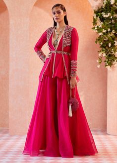 Sharara And Jacket, Long Kurti With Lehenga, Peplum Belt Outfit, Choli Pattern, Organza Sharara, Georgette Jacket, Organza Overlay, Ridhi Mehra, Trendy Outfits Indian