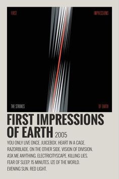 an advertisement for the first impressions of earth, featuring red and white lines on black