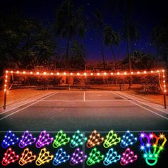 an outdoor tennis court decorated with neon lights