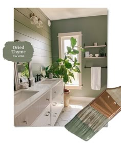 a bathroom with green walls, white cabinets and a plant in the corner on the counter