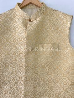 Golden Colour Custom Stitched Nehru Jacket For Men Fabric: Made using Silk fabric with Mukesh Work Size: It's made to measure. We will get your measurements details post your order. We will send you a form to fill out details for your size. Handling Time: Please let me know the delivery date and I will make sure you get it before that. Gold Fitted Nehru Jacket For Groom, Fitted Sleeveless Nehru Jacket For Wedding, Mukesh Work, Nehru Jacket For Men, Velvet Lehenga, Party Wear Lehenga Choli, Wedding Party Wear, Sleeveless Coat, Men Fabric