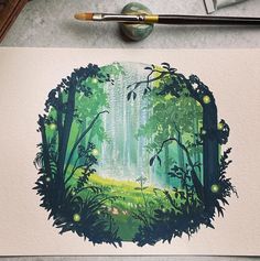 a drawing of a forest scene with trees and lights