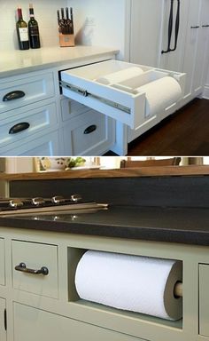 there are two pictures showing different kitchen drawers and the same one has a roll of toilet paper in it