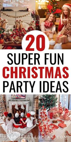 christmas party decorations and gifts with the words 20 super fun christmas party ideas on it