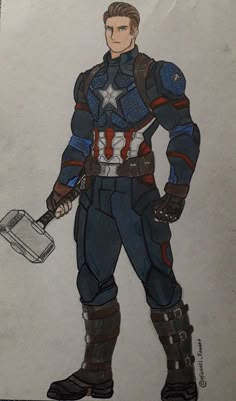 a drawing of captain america holding a shovel