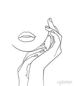 a line drawing of a woman's face with her hands holding the edge of her mouth