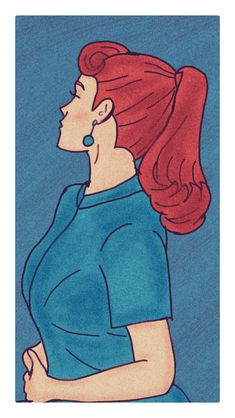 a drawing of a woman with red hair wearing a blue shirt and earrings on her head