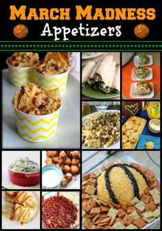 the cover of march madness appetizers with pictures of different foods and desserts