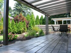 an outdoor patio area with tables and chairs