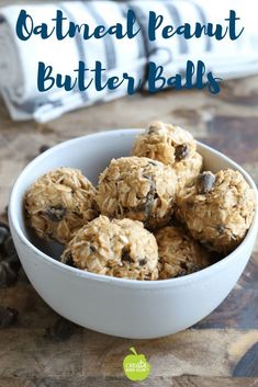 oatmeal peanut butter balls in a bowl with chocolate chips on the side